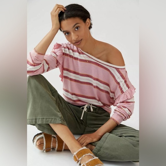 Anthropologie Pilcro Ruffled Open Back Top M pink stripe long sleeve t-shirt - Picture 2 of 13